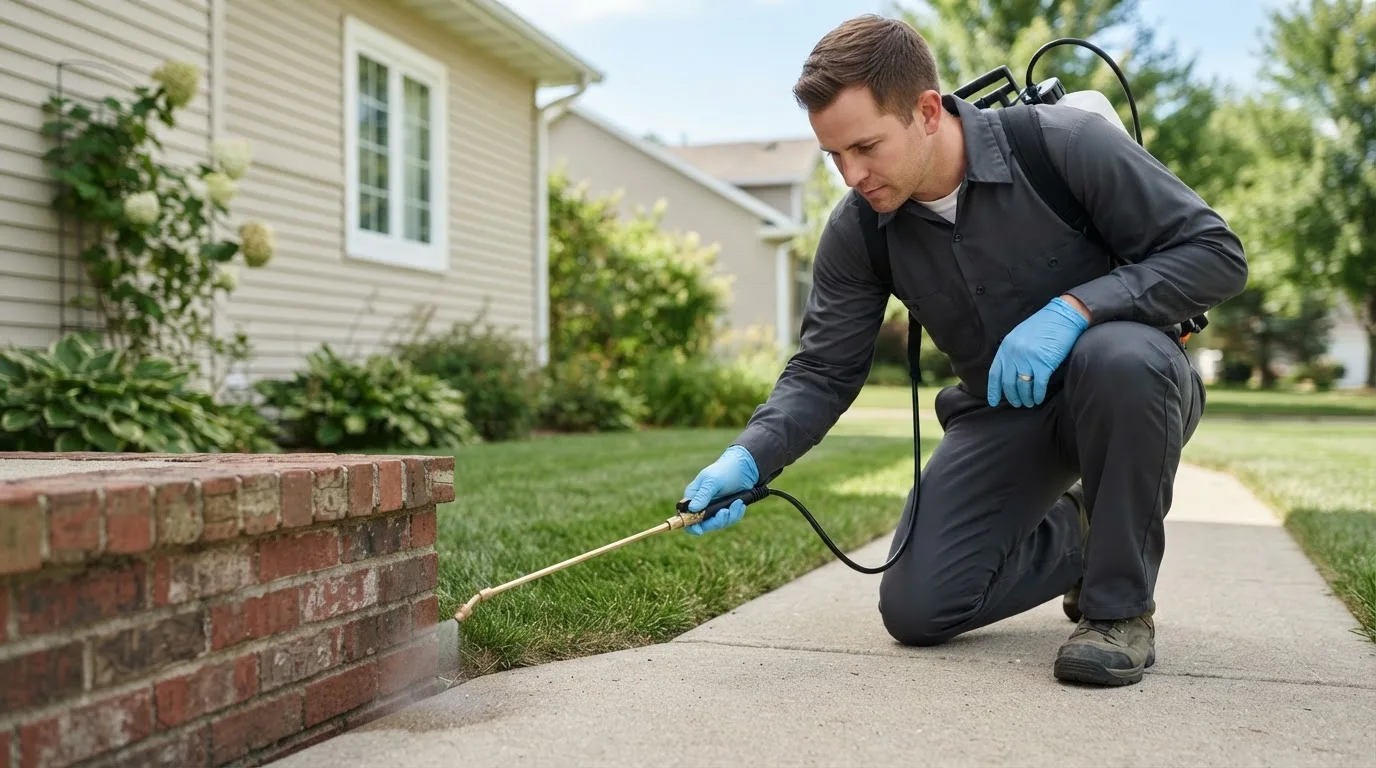 Pest control technician treating a home near Blue River, OR
